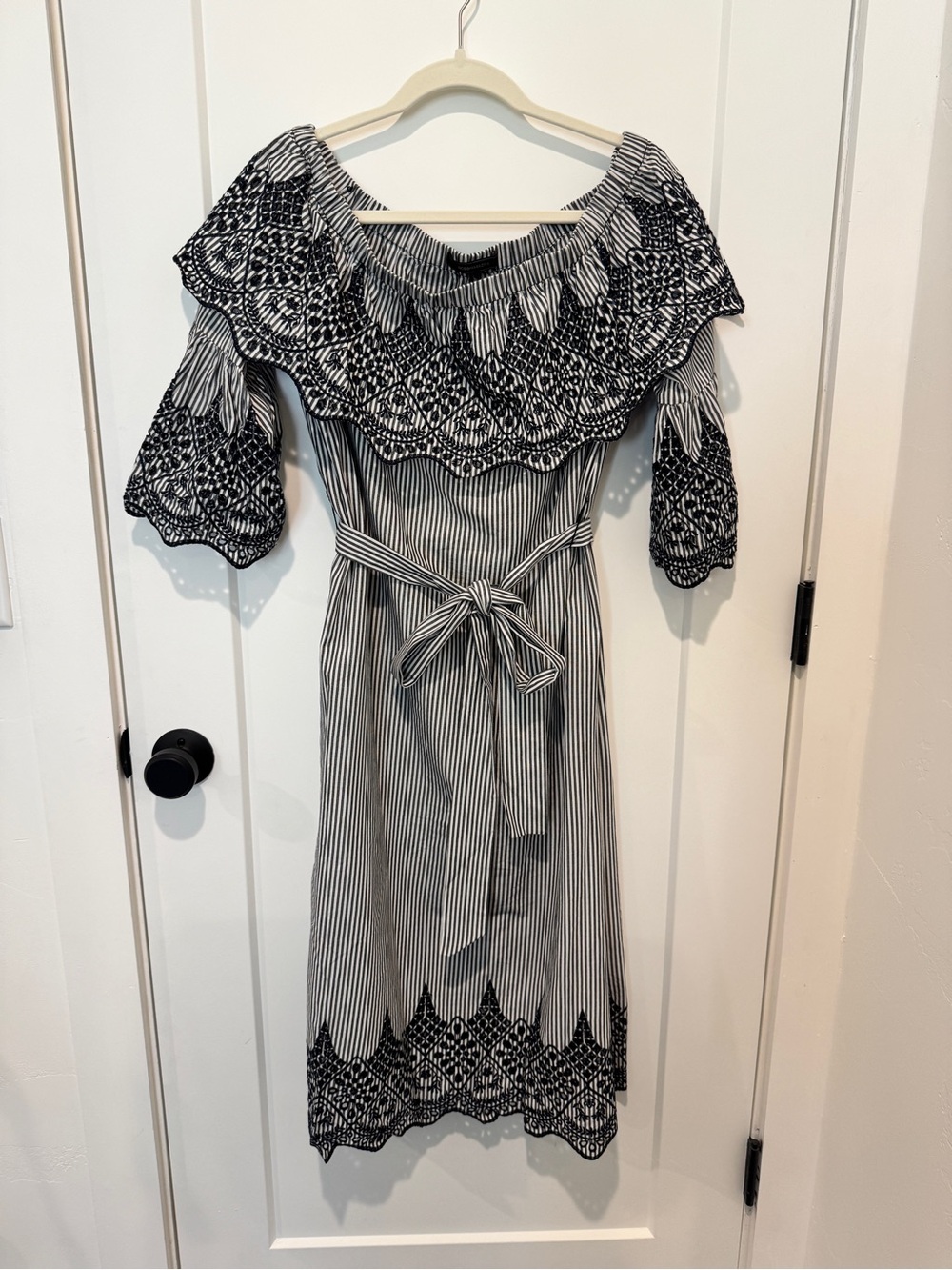 Off-Shoulder Navy & White Striped Midi Dress with Lace Trim